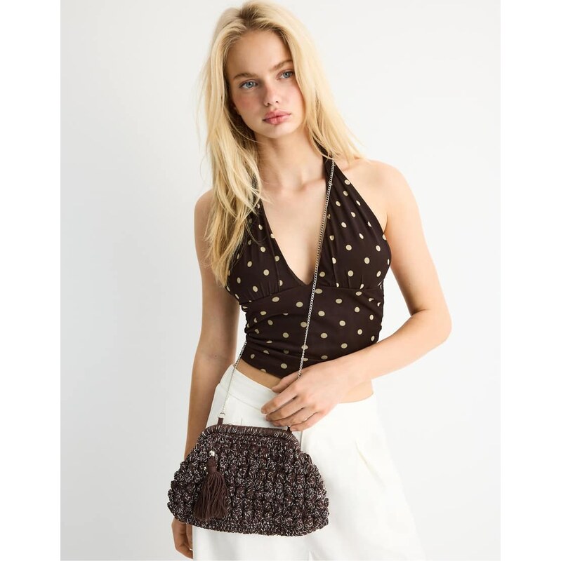 Stradivarius Metallic thread crochet bucket bag in brown 115022203