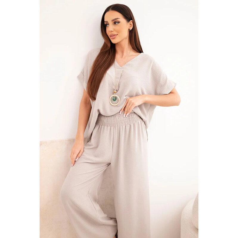 Fashionweek Dámský komplet halenka a kalhoty s náhrdelníkem béžový – 106078826