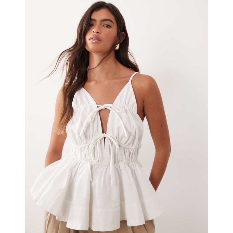ARRANGE tie front ruched peplum cami top in white 115029949