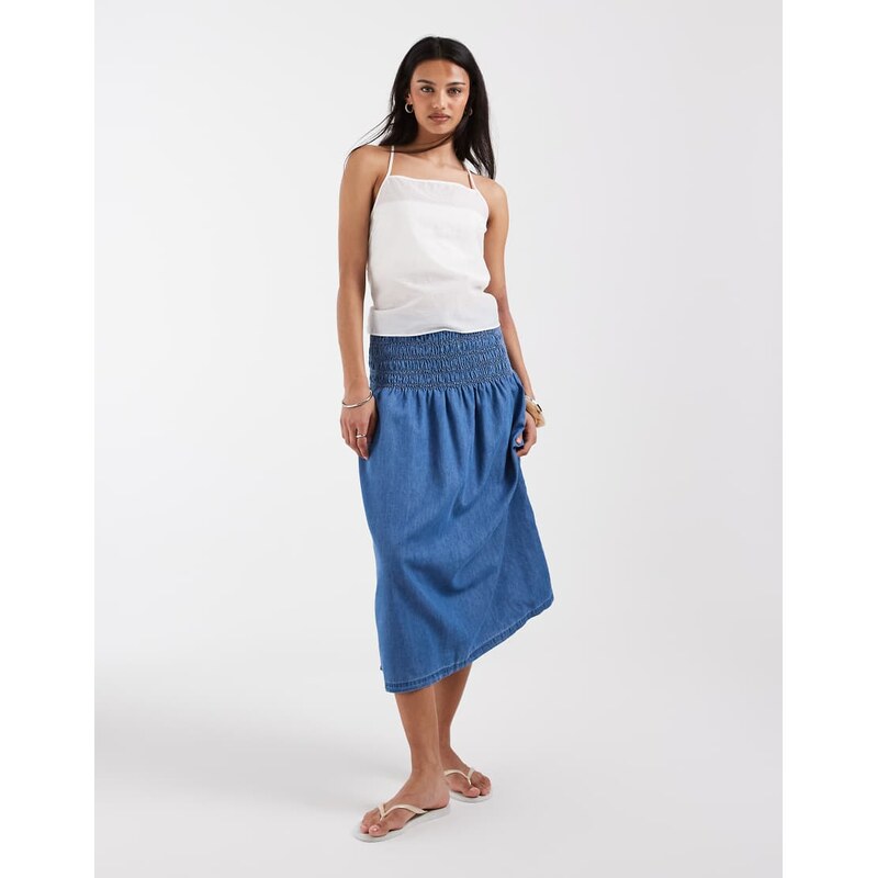ONLY chambray pleated midi skirt in mid blue