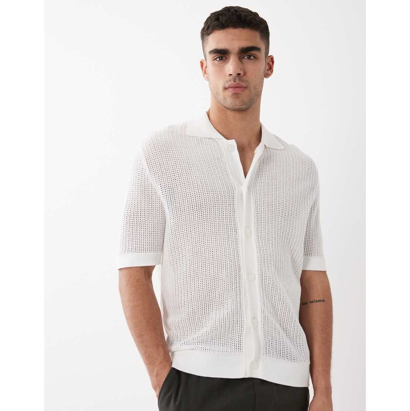 Selected textured knitted short sleeve shirt in white