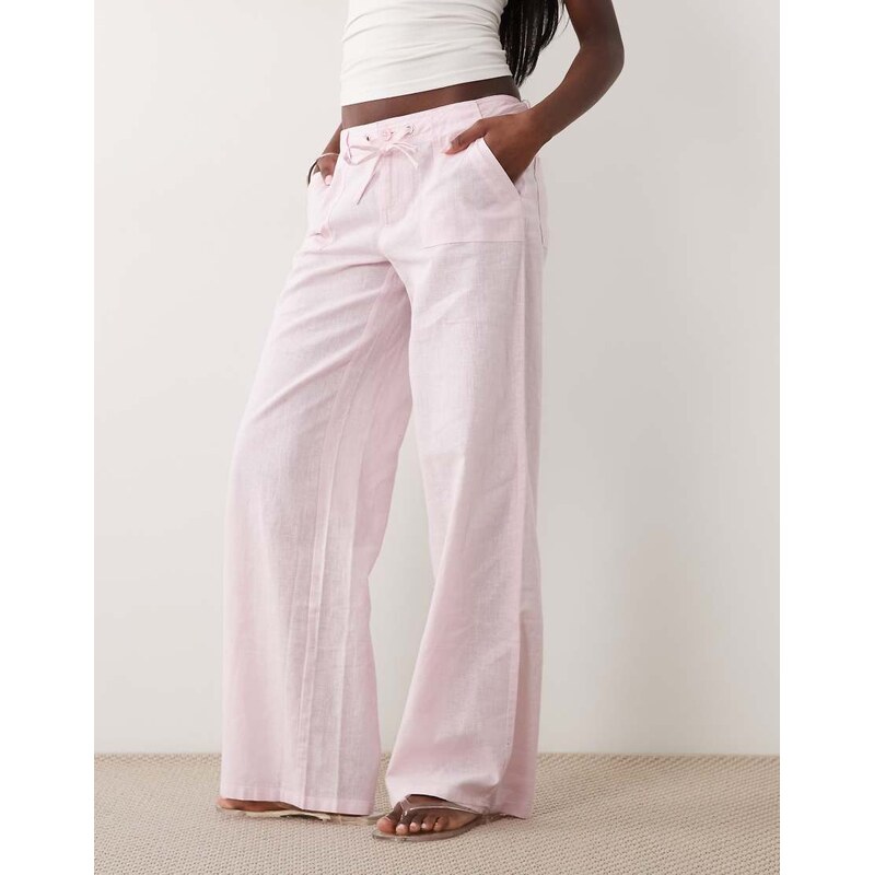 Gina Tricot mid waist linen blend trousers with front pockets in pink 115535867