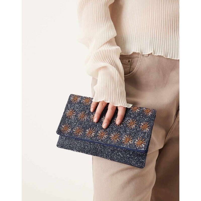True Decadence floral embellished clutch bag in blue and bronze 115029866
