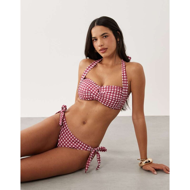 Brave Soul halterneck bikini top in red and white gingham print 115029867