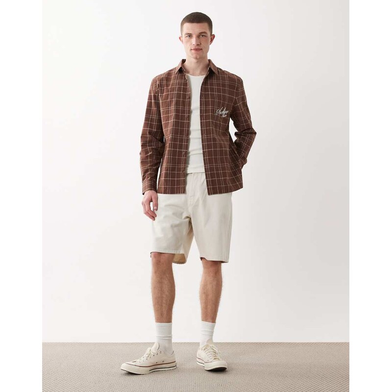 ASOS DESIGN regular fit check shirt with chest embroidery in brown