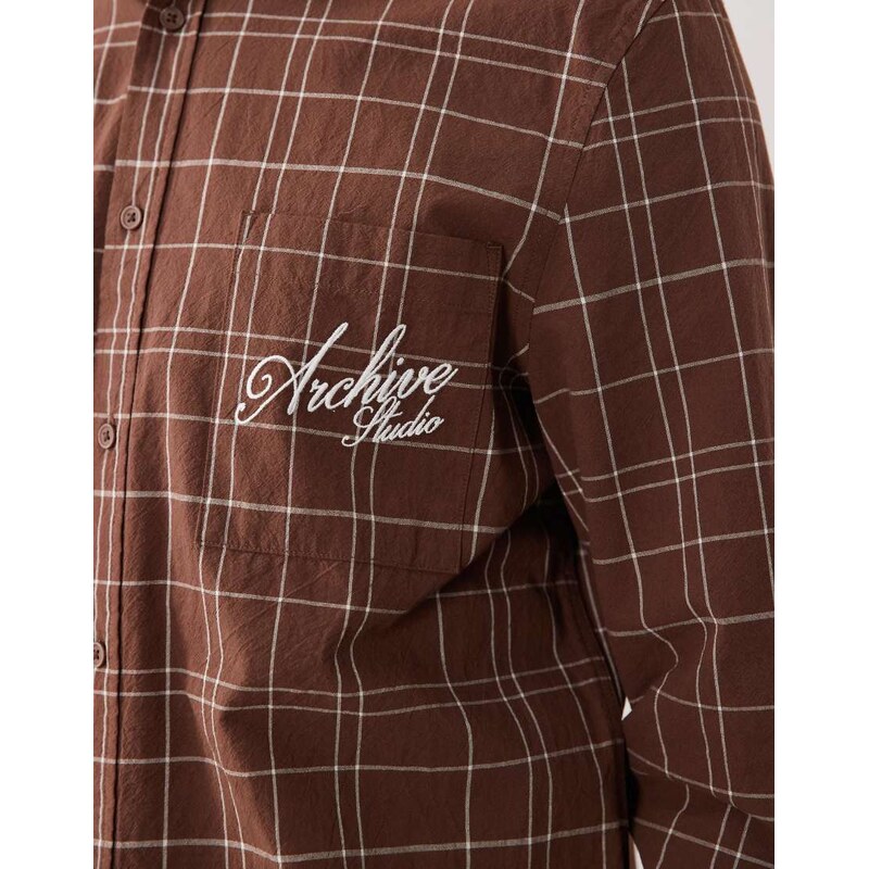ASOS DESIGN regular fit check shirt with chest embroidery in brown