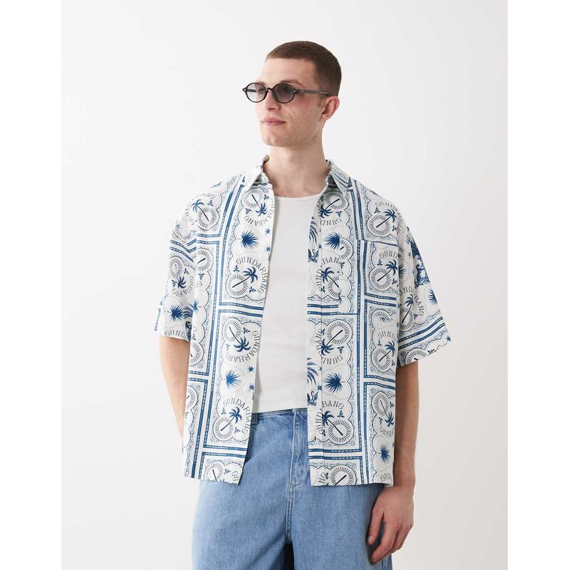 ASOS DESIGN oversized linen blend shirt with tile print in blue