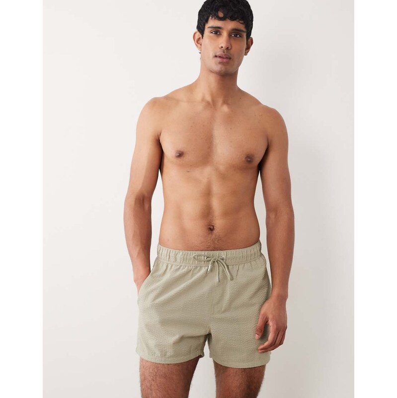 ASOS DESIGN seersucker swim shorts in short length in sage green