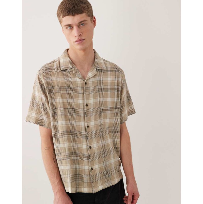 ASOS DESIGN relaxed revere textured check shirt in beige-Neutral