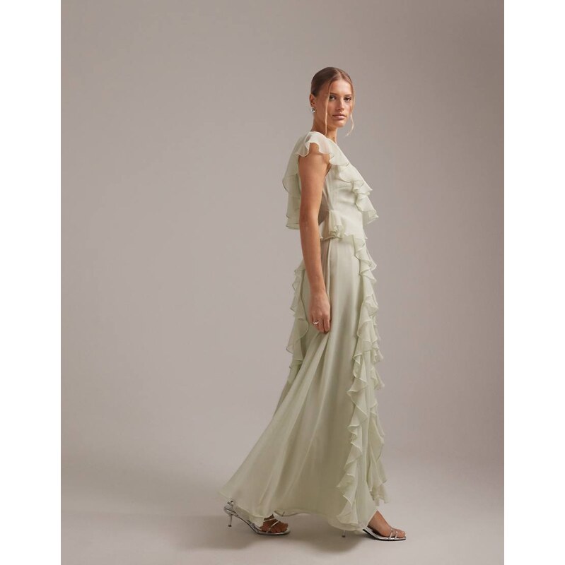 ASOS DESIGN bridesmaids wrap front ruffle maxi dress in sage