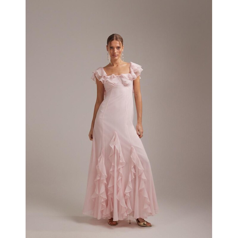 ASOS DESIGN bridesmaids bardot ruffle chiffon maxi dress in