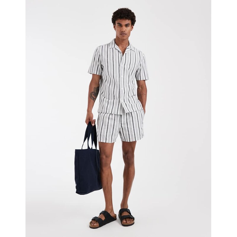 ASOS DESIGN co-ord regular fit linen look stripe shirt in black and white-Multi
