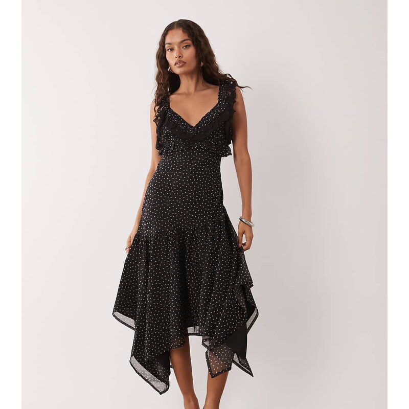 Miss Selfridge Petite ruffle hanky hem chiffon maxi dress in