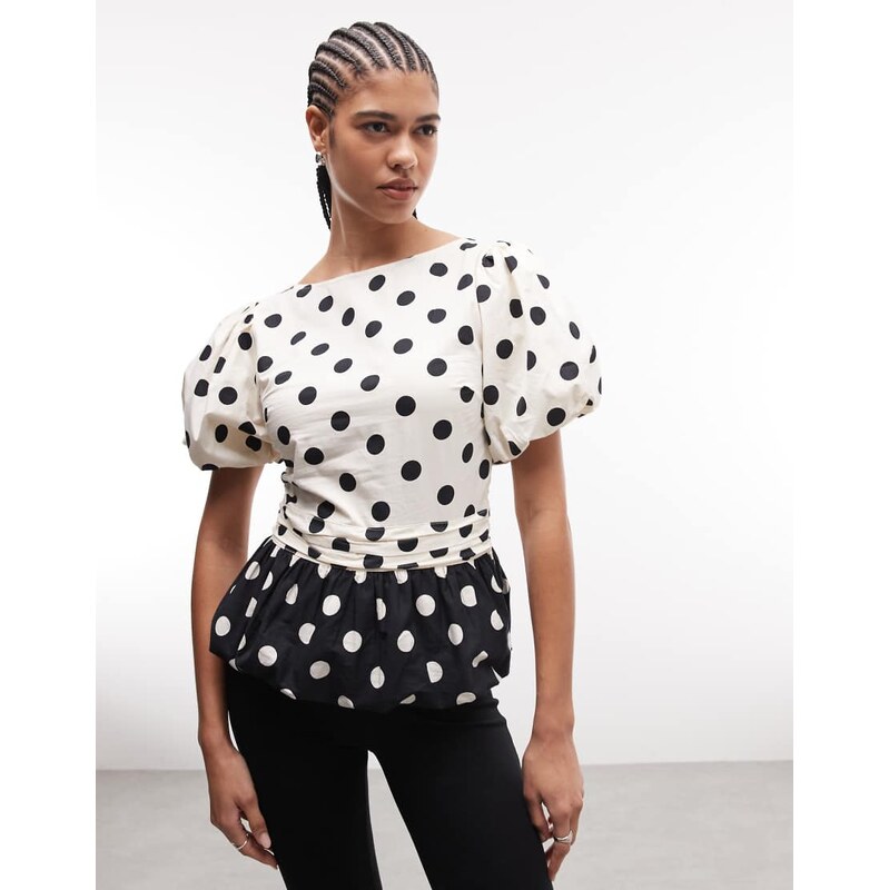 Reclaimed Vintage top with puff sleeve in black and white polka