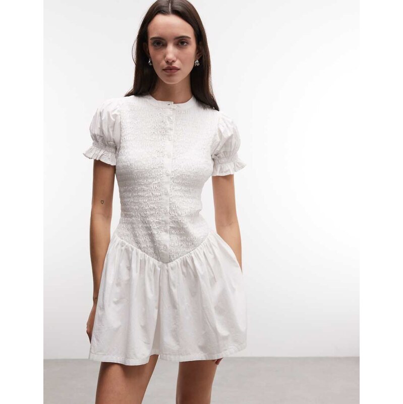 COLLUSION shirred button mini shirt dress in white