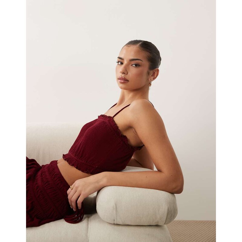 ASOS DESIGN co-ord crinkle tie shoulder cami top in berry-Red