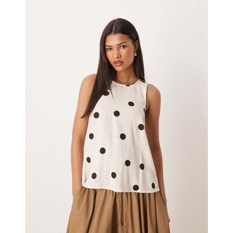 ASOS DESIGN linen cross back scoop neck cami in polka dot-Multi