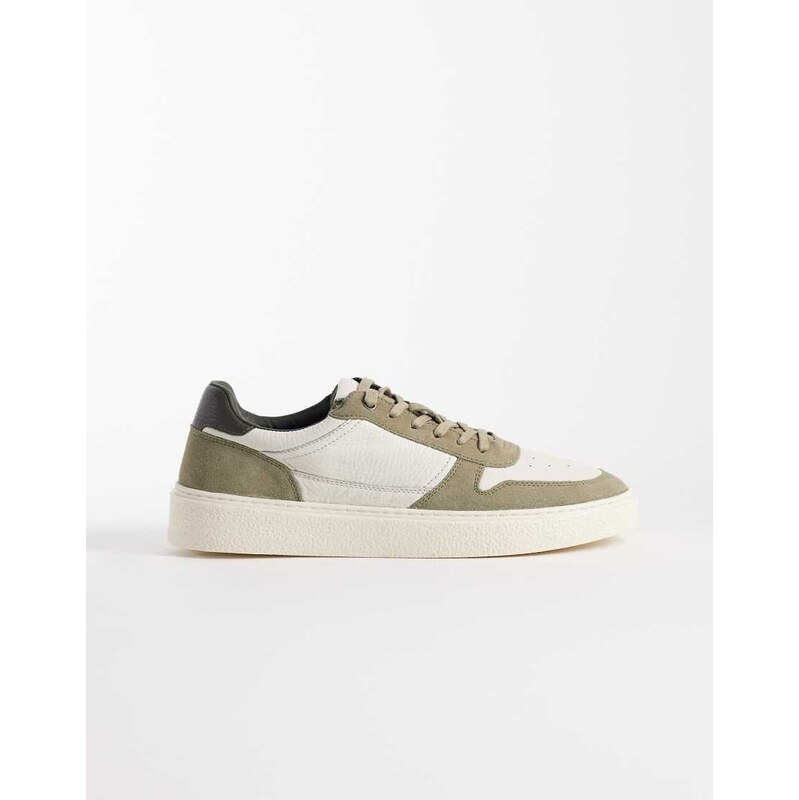 ASOS DESIGN panelled trainers in khaki suede and stone leather-Green