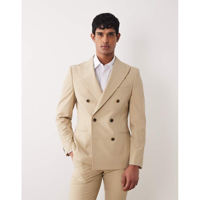 ASOS DESIGN skinny double breasted suit jacket in stone twill