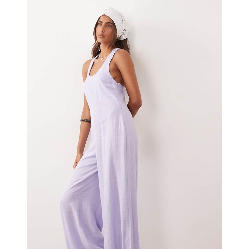 ASOS DESIGN wide leg jumpsuit with twist back in lilac-Purple