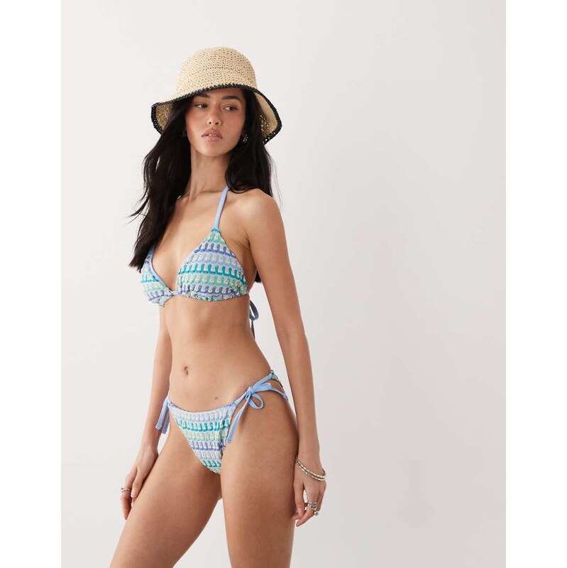 New Look crochet padded bikini top in blue pattern
