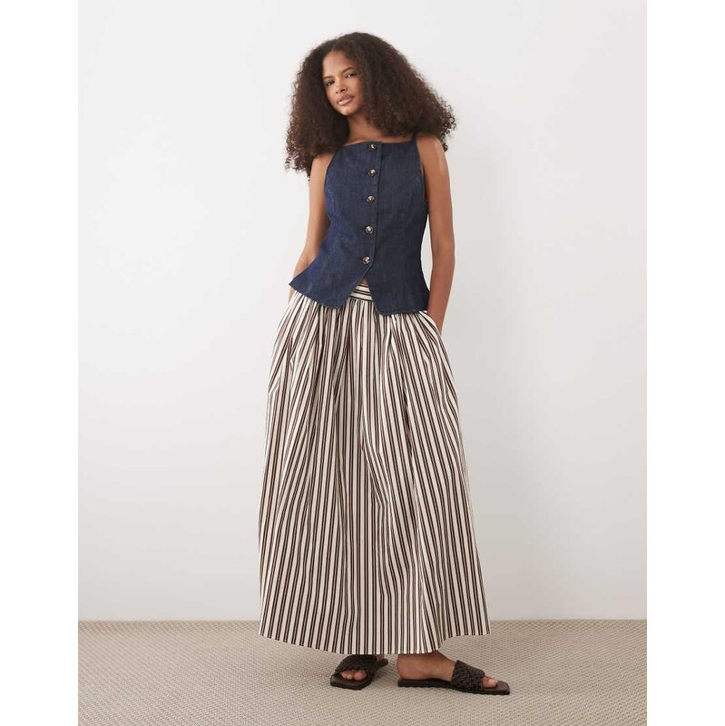 New Look stripe poplin midi skirt in brown