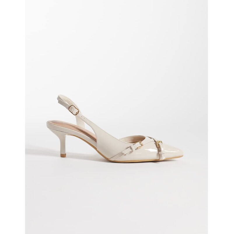 New Look buckle pointed sling back heeled shoe in off white 115030125