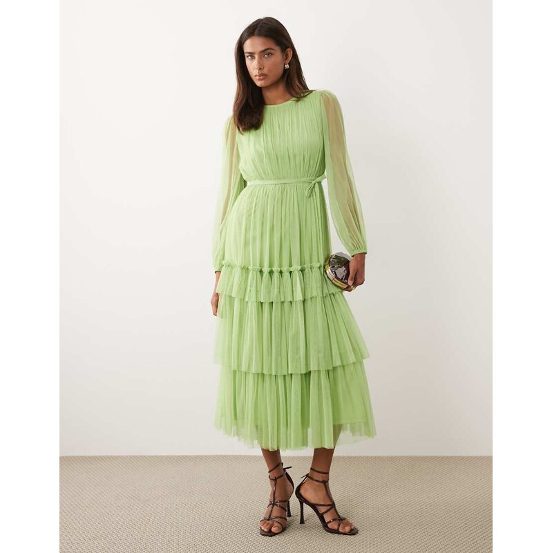 Lace & Beads crew neck tiered midi dress in apple green 115030128