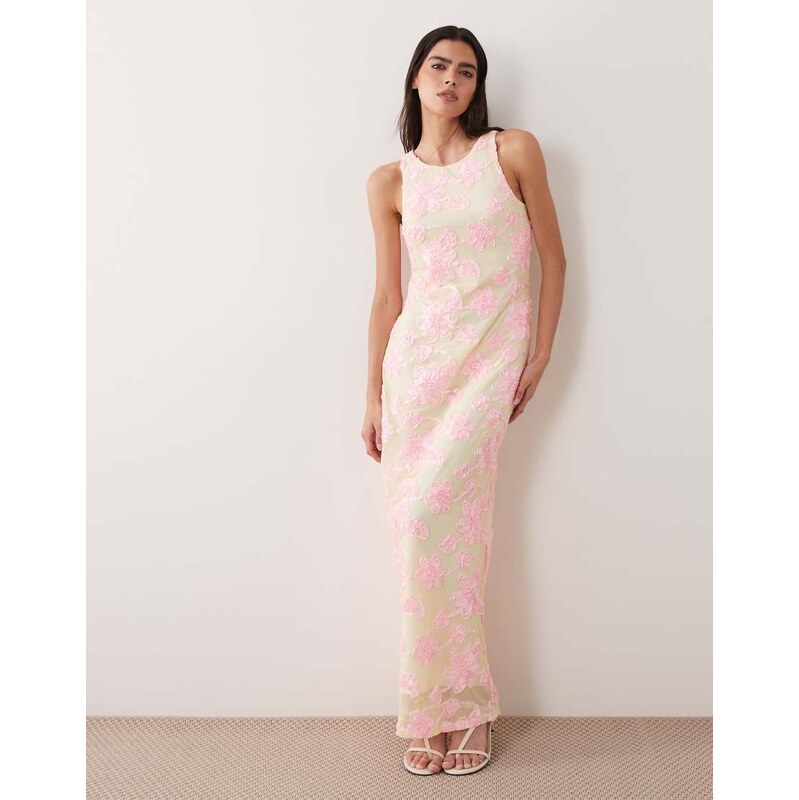 Vila floral embroidered maxi dress in pastel yellow and pink