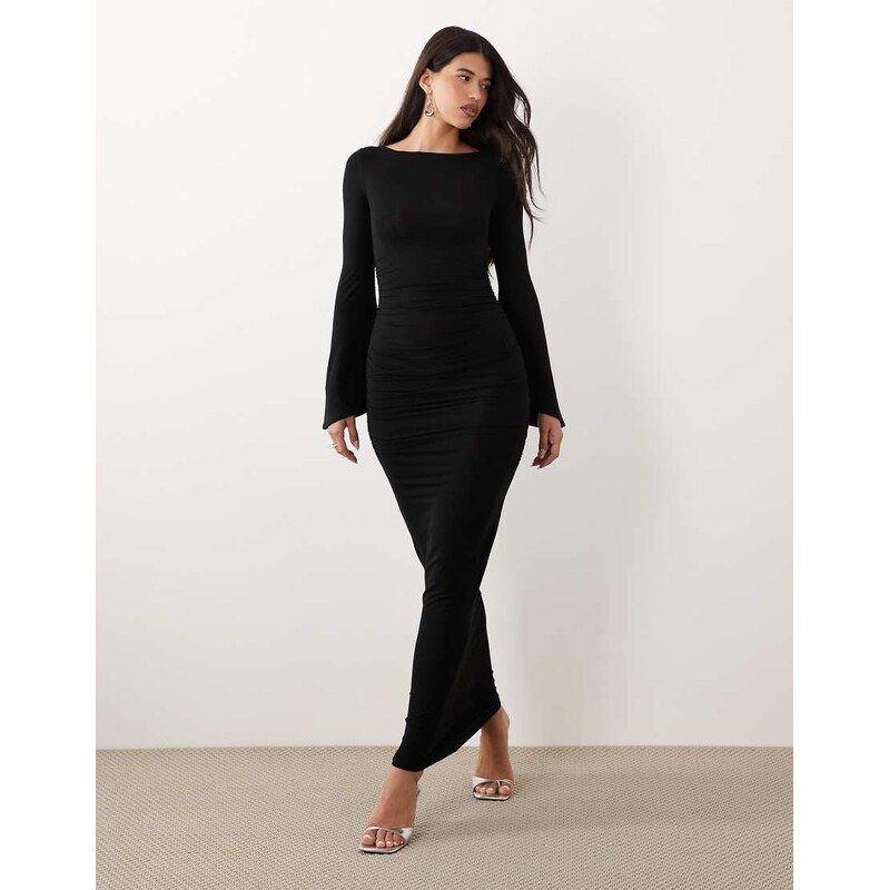 ASOS DESIGN waterfall sleeve ruched maxi dress in black