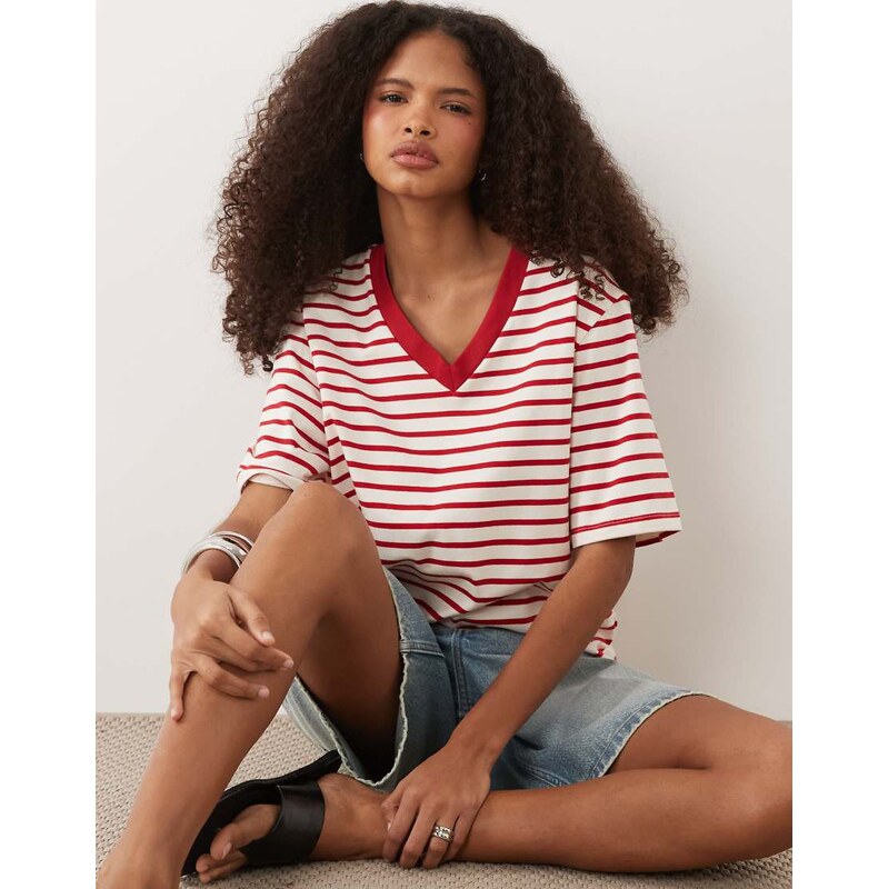 ASOS DESIGN oversized v neck striped t-shirt-Multi