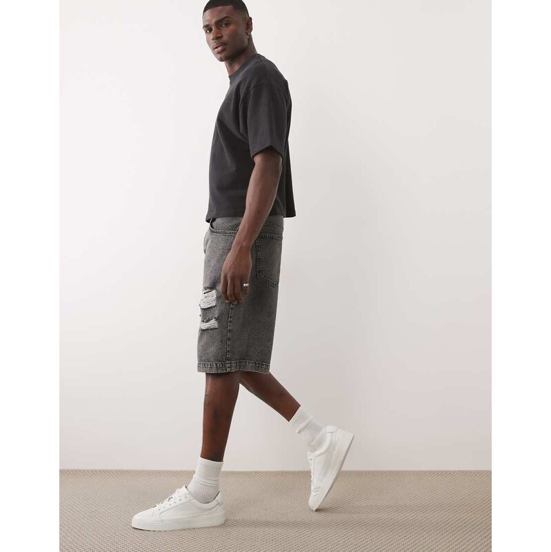 ASOS DESIGN mid length denim jorts in washed black with rips