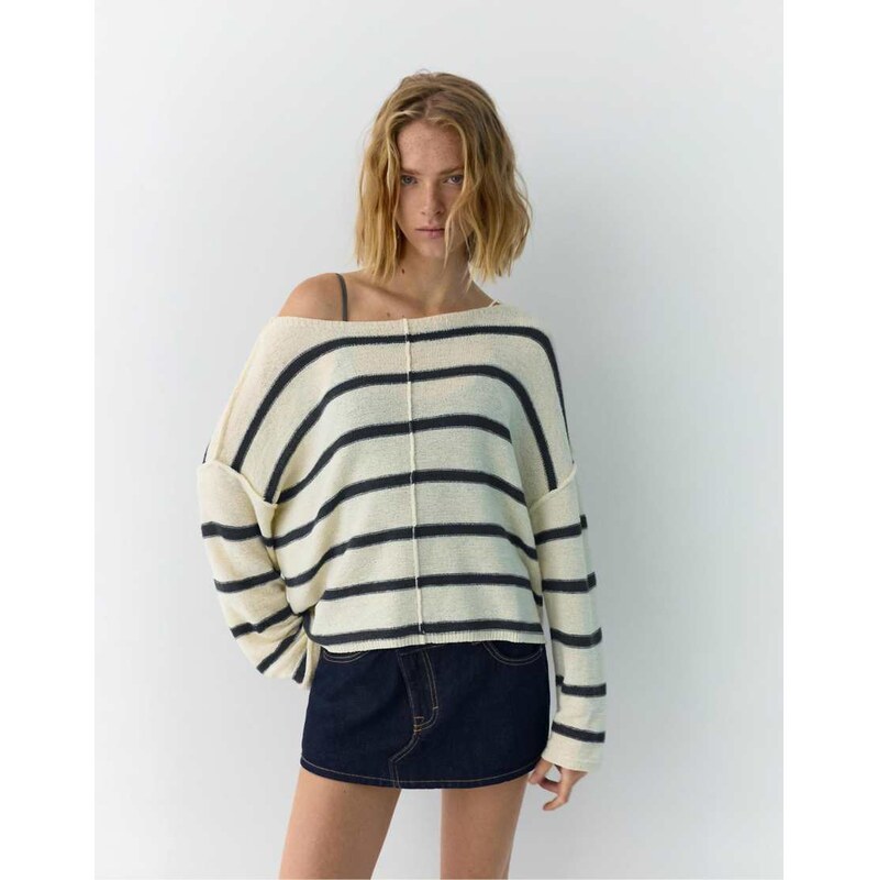 Pull&Bear Striped jumper with seam detail in ecru/navy-Multi 115030187