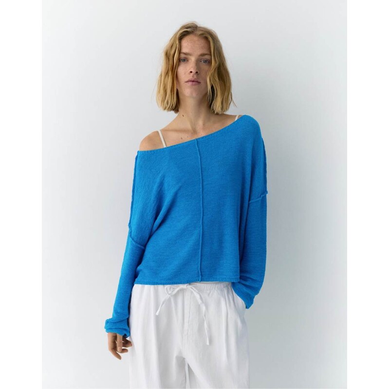 Pull&Bear Striped jumper with seam detail in deep blue 115030188