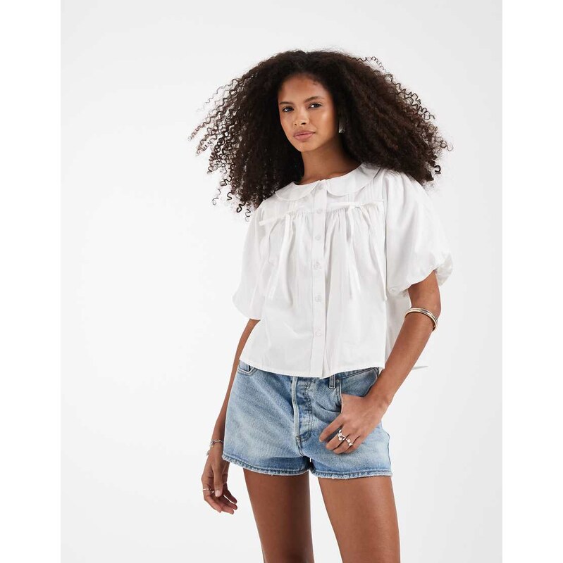 Neon Rose bow detail short sleeve collared top in white