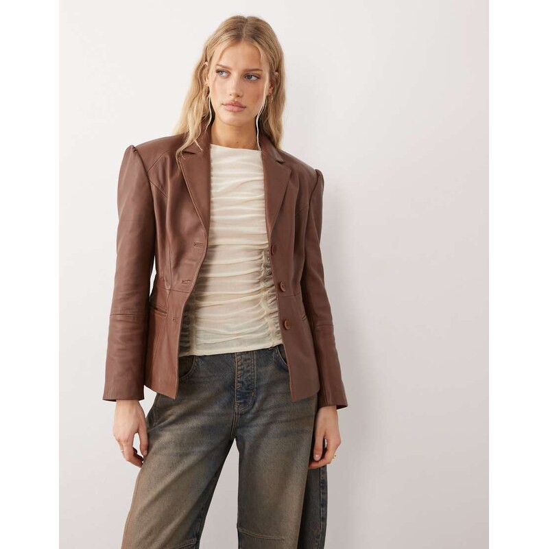 Urbancode fitted leather blazer jacket in brown 115610011