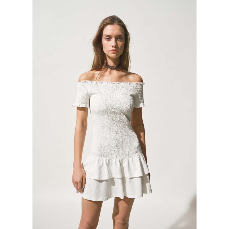Mango Teen crinkle off shoulder mini dress with ruffle hem in