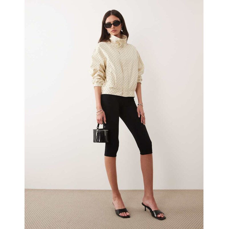 Mango Dots 100% cotton high neck zip through jacket in beige and black 115079641