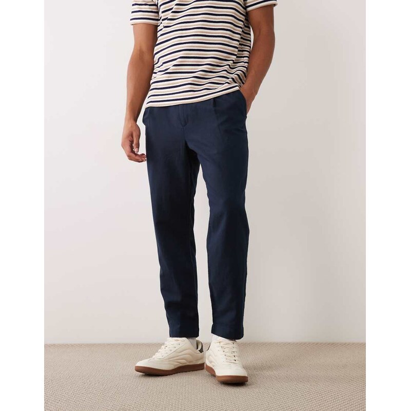 Mango linen mix tie wasit trousers in navy