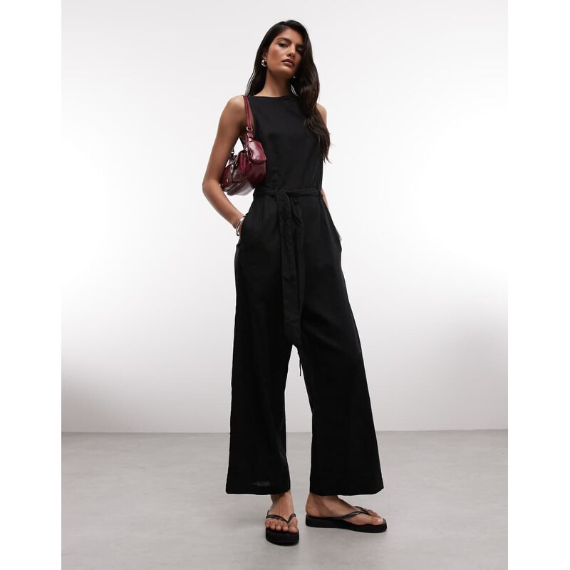 Monki linen sleeveless wide leg jumpsuit with tie belt detail in