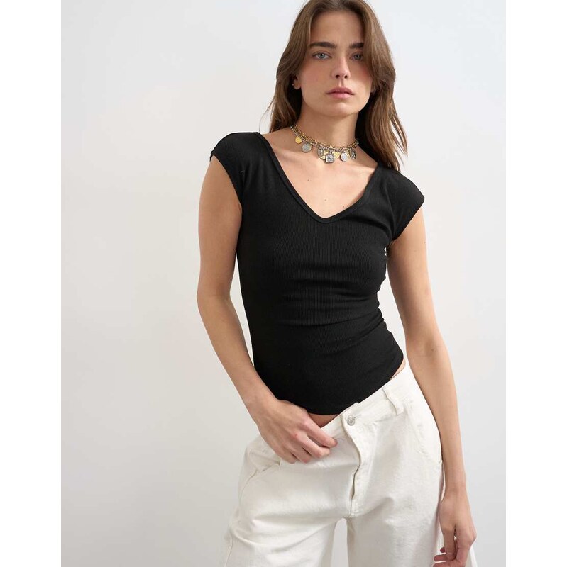 Topshop rib v-neck cap sleeve tank in black