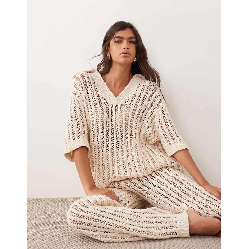 ARRANGE crochet collared top co ord in ivory-White