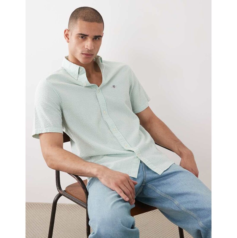 GANT regular fit seersucker stripe shirt in aqua-Blue