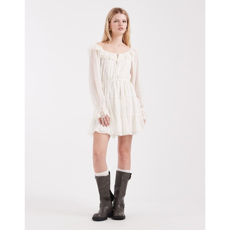 Miss Selfridge chiffon and lace milkmaid dress in ecru-White