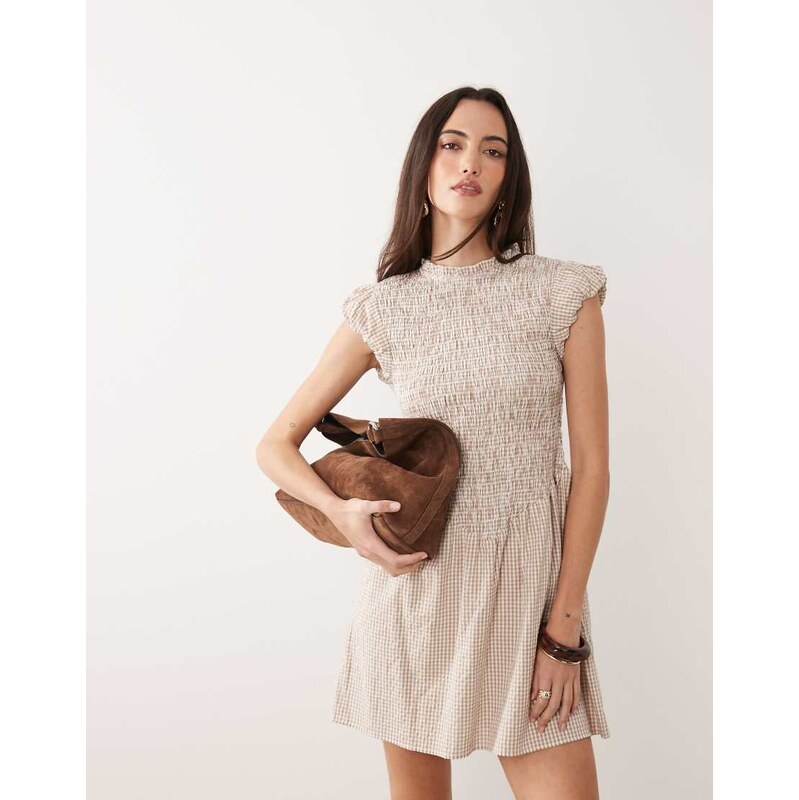Brave Soul gingham mini dress in brown with ruched bodice and puff 115033688