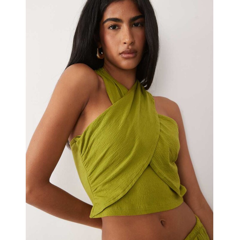 ASOS DESIGN mix & match cotton crinkle crossover halter neck top