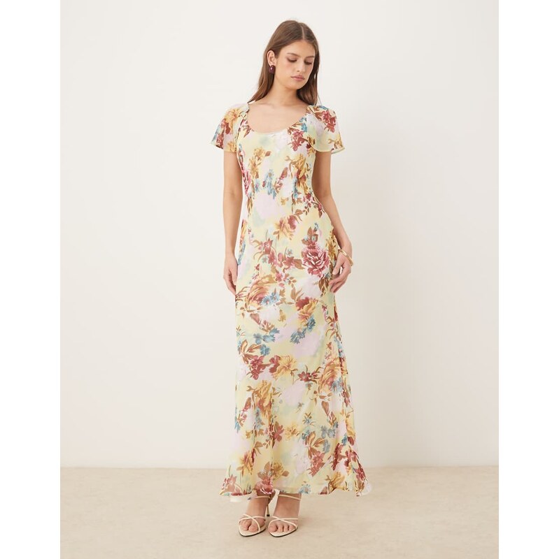 ASOS DESIGN ruffle sleeve scoop bias maxi dress in green floral