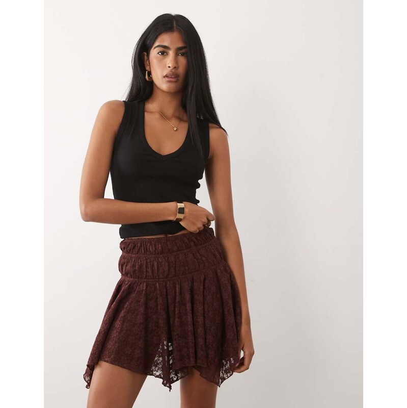 ASOS DESIGN asymmetric lace layered mini skirt in chocolate