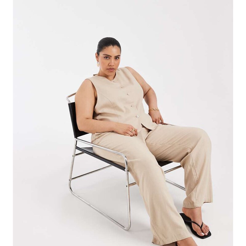 ONLY Curve linen blend trousers co-ord in beige-Neutral 115520420