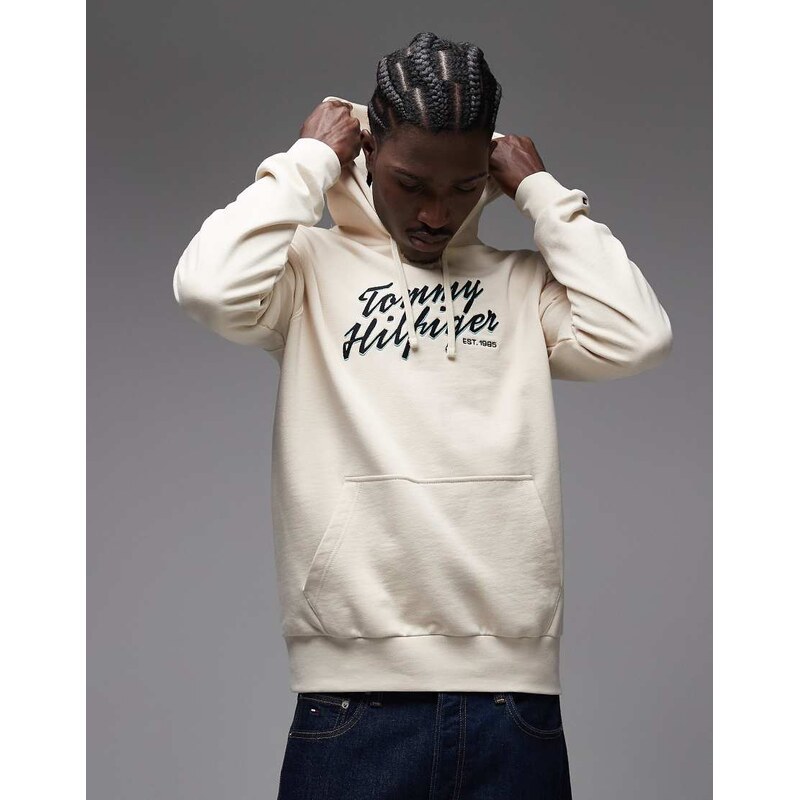 Tommy Hilfiger text graphic hoodie in cream-White